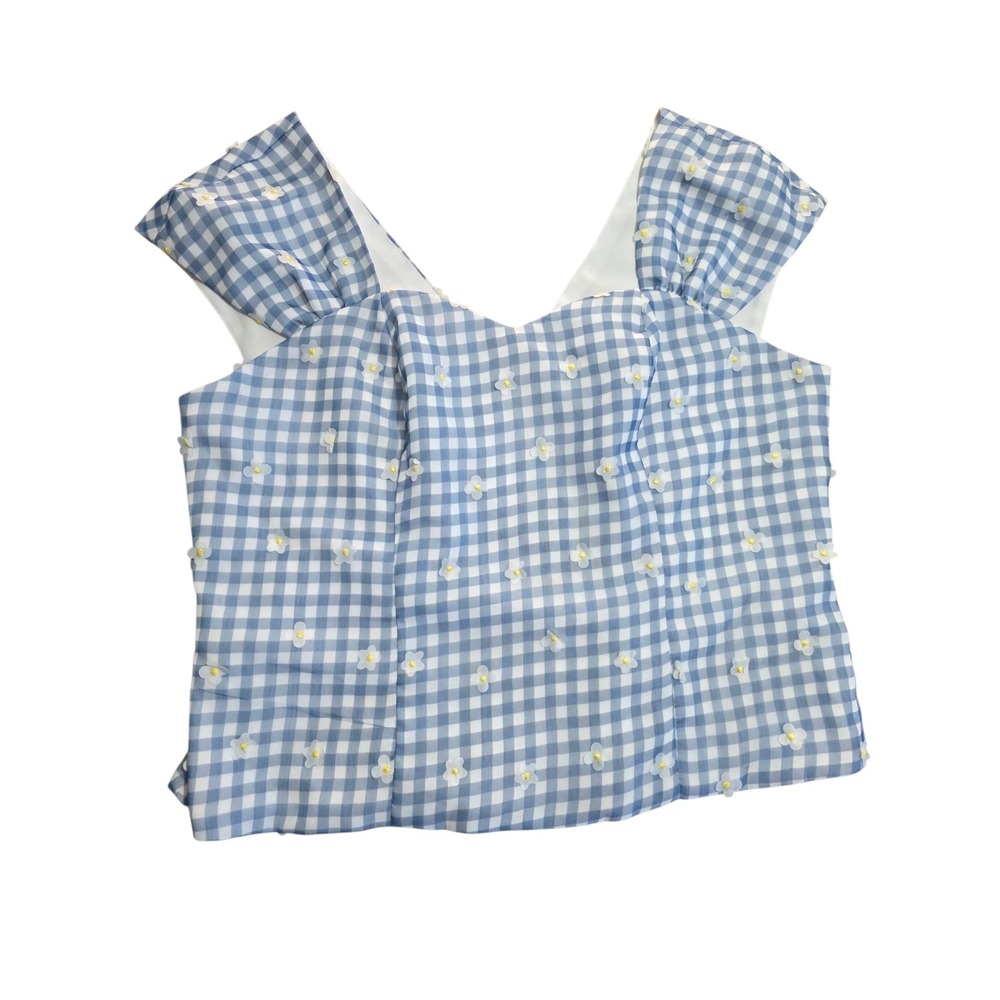 Magnolia Place Blue Gingham Floral Applique Crop Top V-Back 2XL NWT